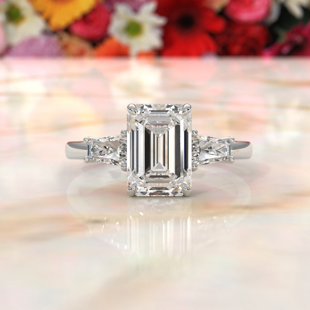 3 Stone Emerald Lab Grown Diamond Engagement Ring IGI Certified 14k White Gold 2.61 Ctw.